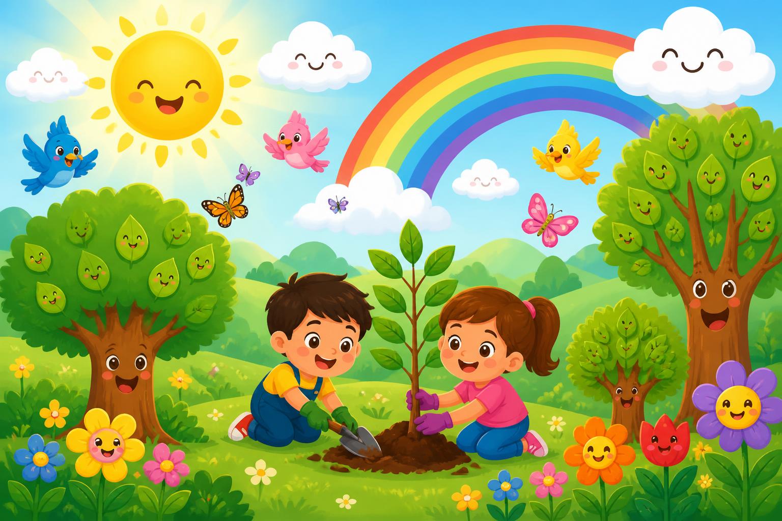 Two children planting a young tree in a sunny cartoon garden with a rainbow, smiling clouds and butterflies